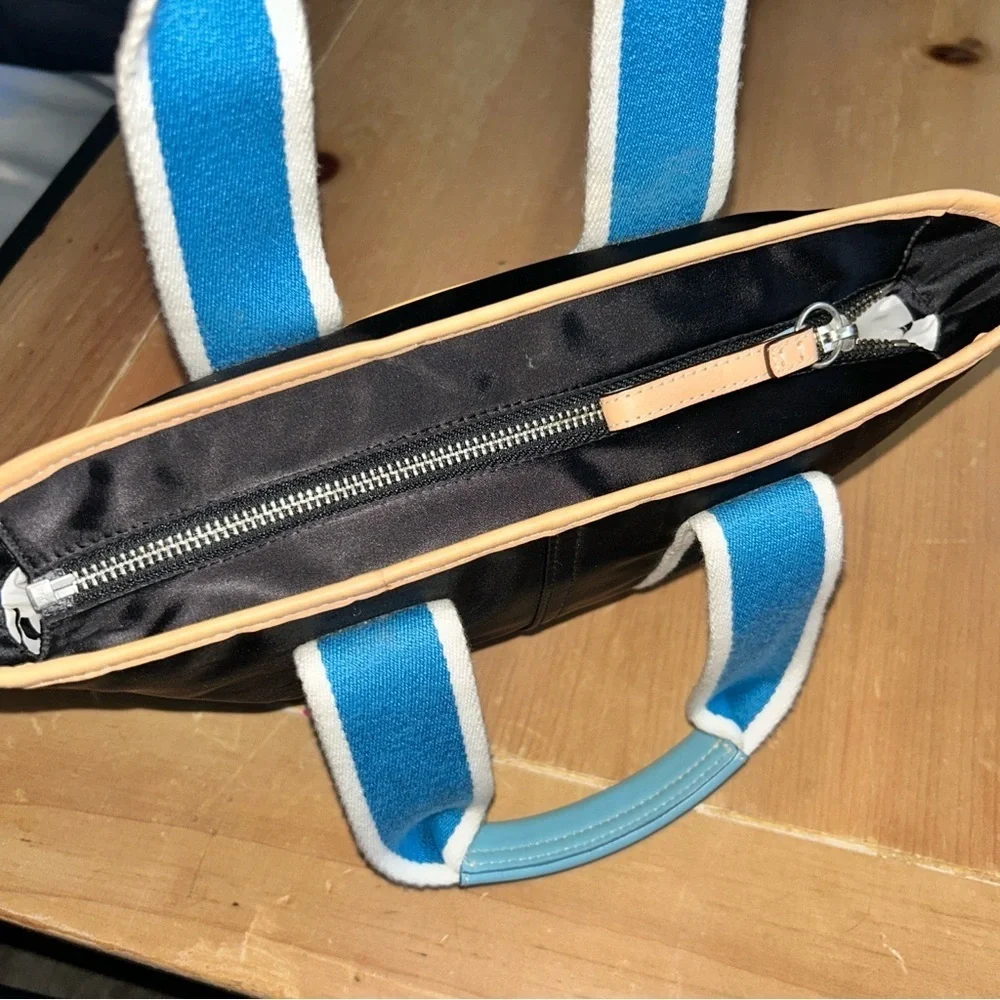Black and Tan Tote Bag with Blue Handle